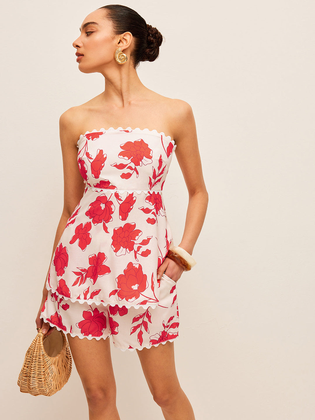 Floral Strapless Top With Pockets Shorts Set  Liora Lane Boutique Pant Sets Red / XL 110.99
