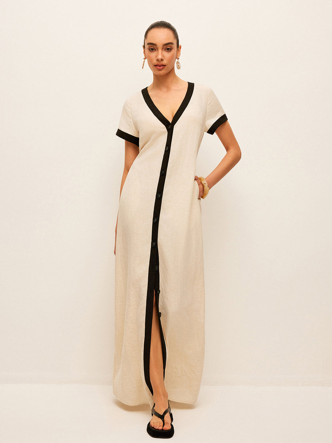 Cotton & Linen High-Slit Contrast Trim Dress  Liora Lane Boutique Dresses