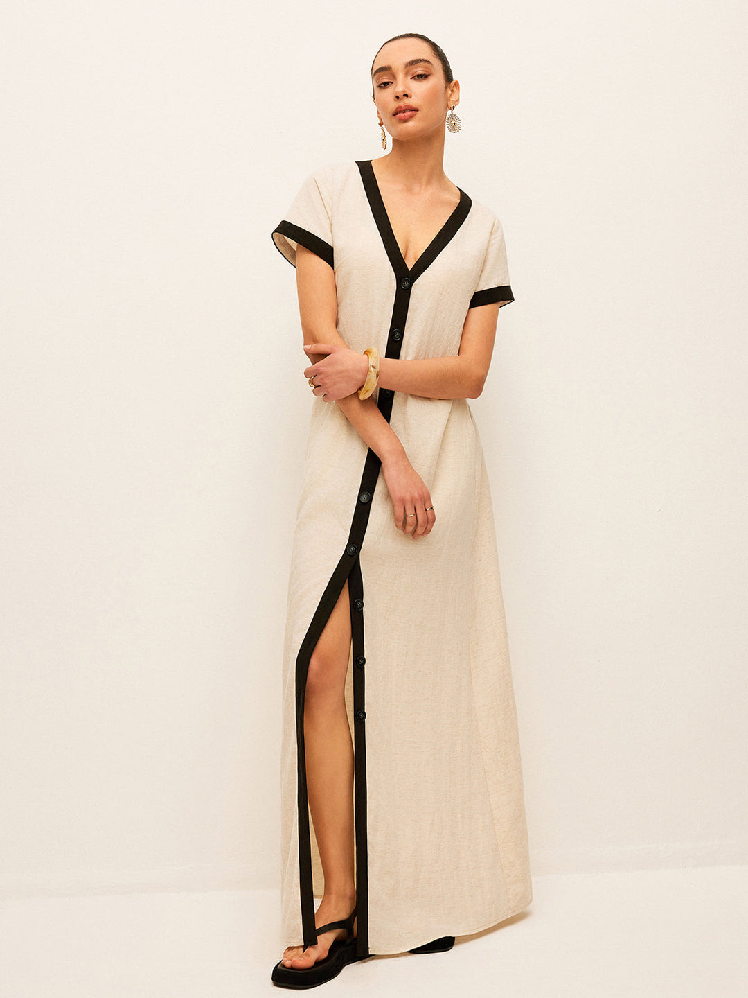 Cotton & Linen High-Slit Contrast Trim Dress  Liora Lane Boutique Dresses