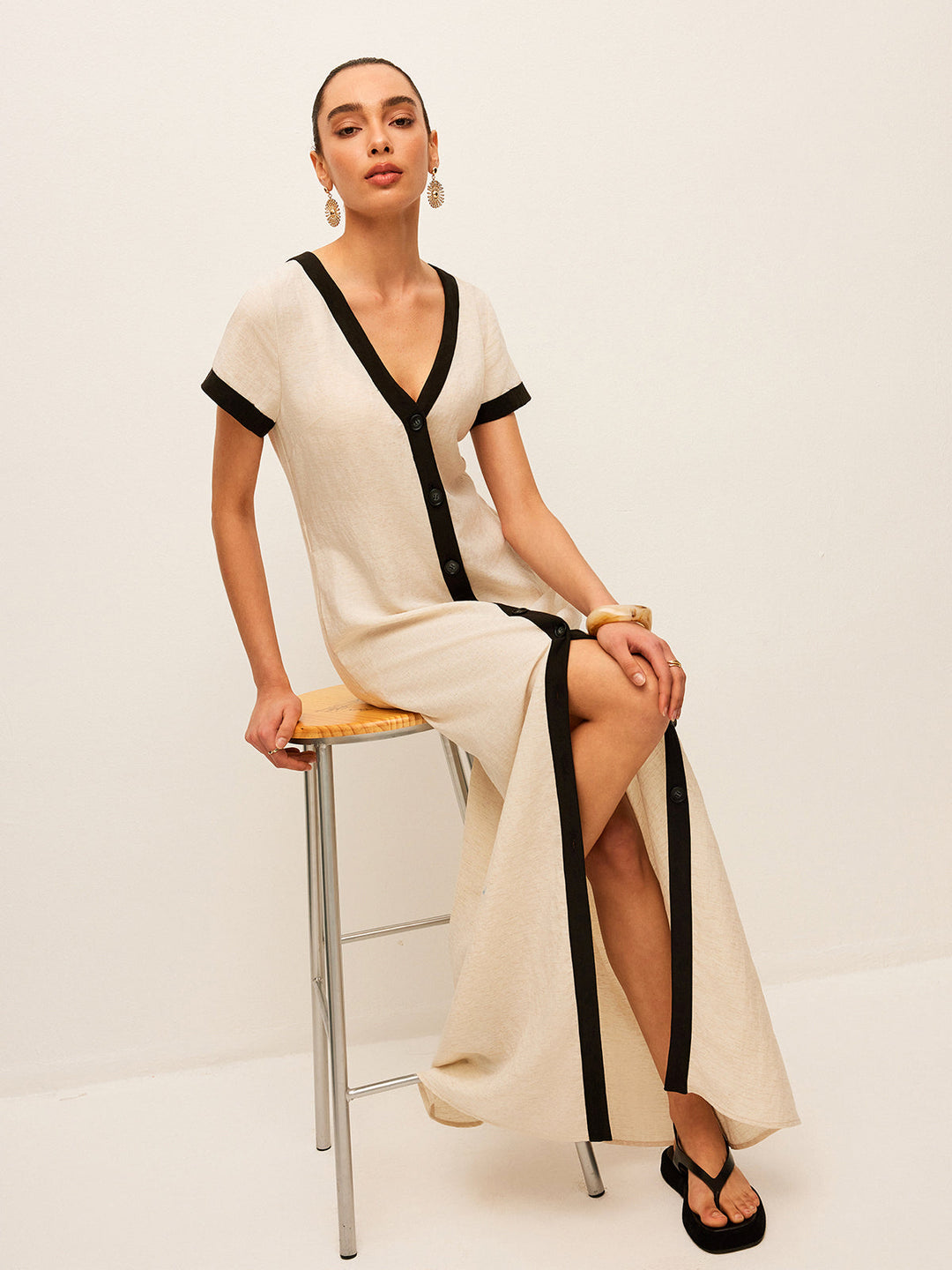 Cotton & Linen High-Slit Contrast Trim Dress  Liora Lane Boutique Dresses Apricot / XL 68.00