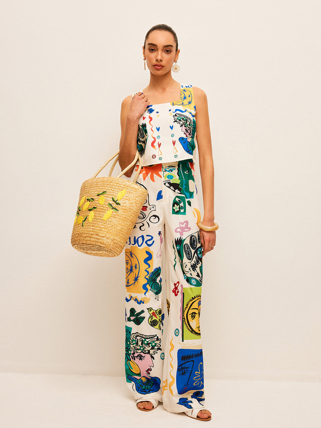 Graphic Print Crop Top With Wide-Leg Pants Set  Liora Lane Boutique Pant Sets Multicolor / XL 136.99