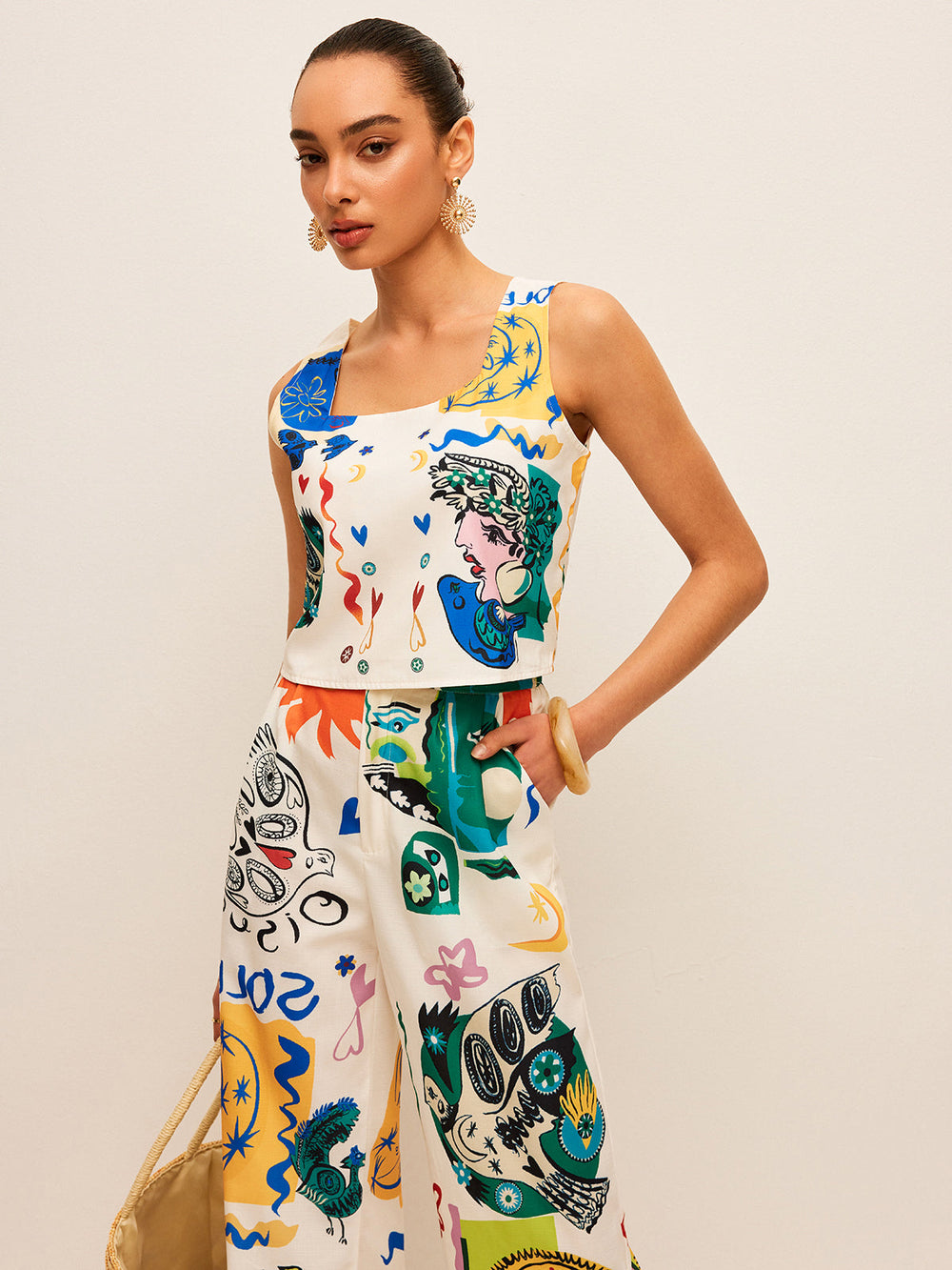 Graphic Print Crop Top With Wide-Leg Pants Set  Liora Lane Boutique Pant Sets