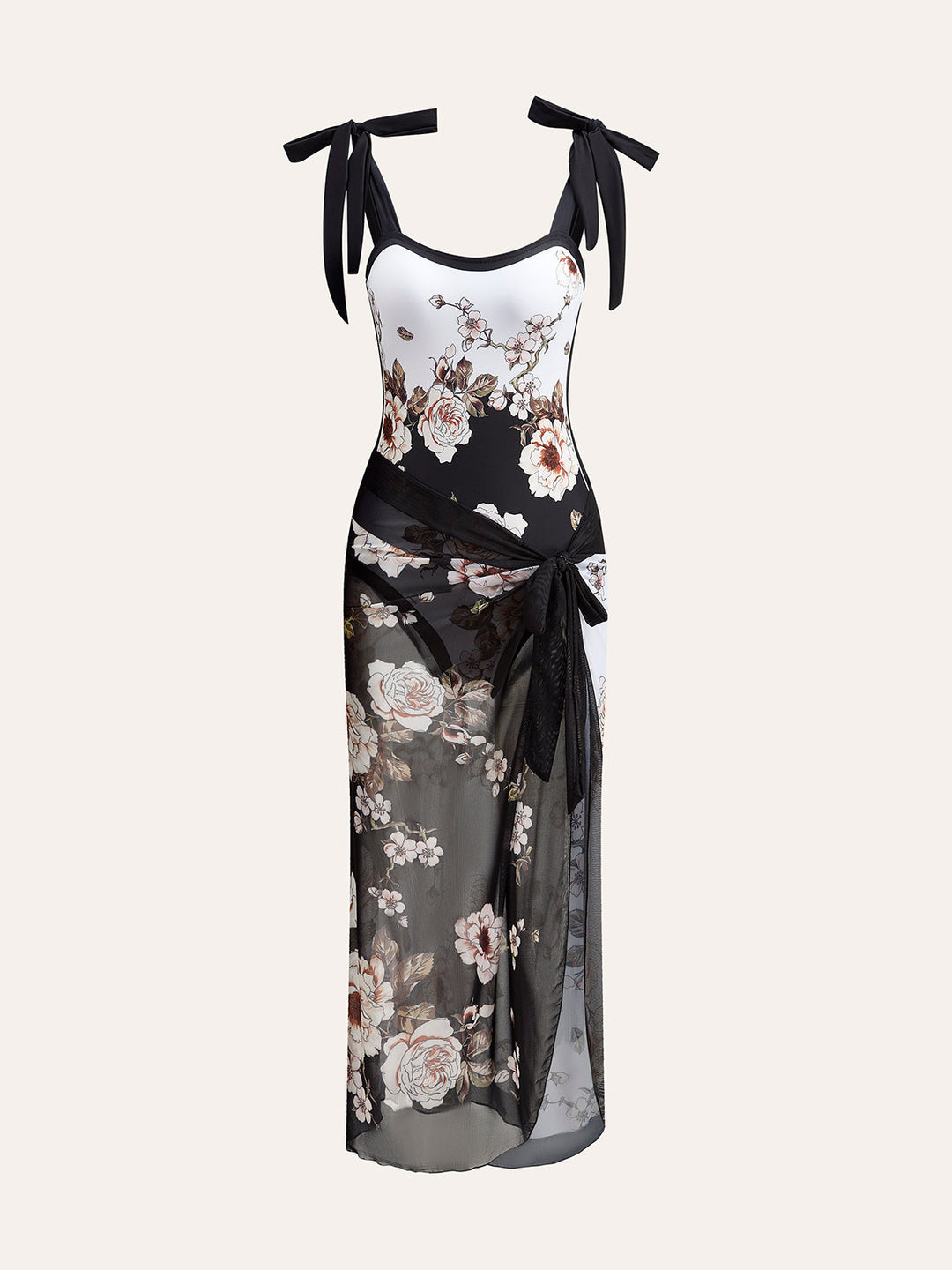 Floral Tie-Shoulder One-Piece Swimsuit With Cover-Up  Liora Lane Boutique One-Pieces BlackandWhite / XL 110.99