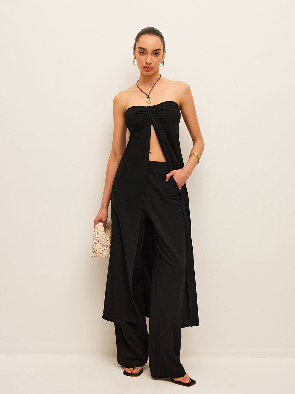Cotton & Linen Tie-Front Top With Pants Set  Liora Lane Boutique Pant Sets