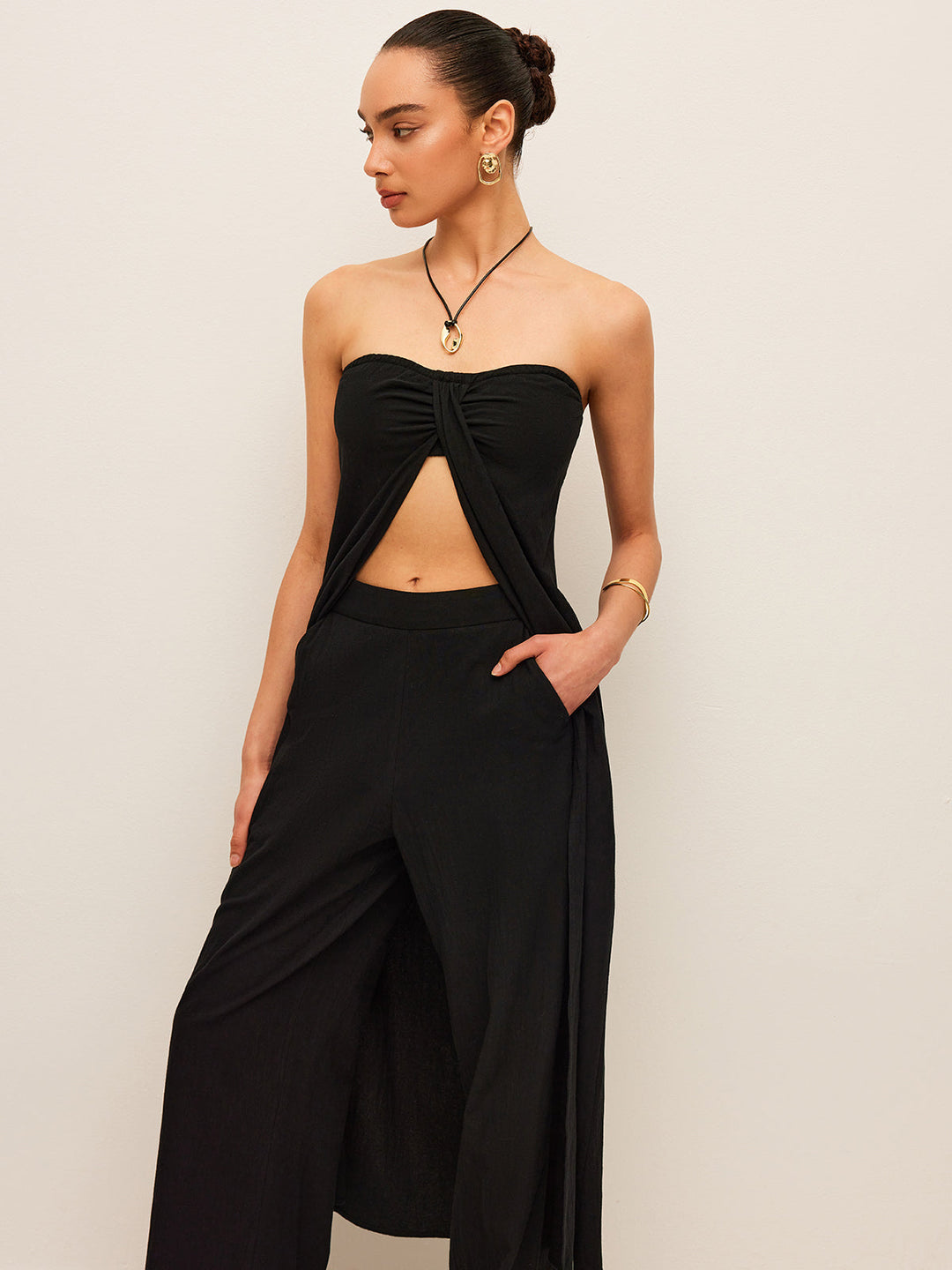 Cotton & Linen Tie-Front Top With Pants Set  Liora Lane Boutique Pant Sets Black / XL 140.99