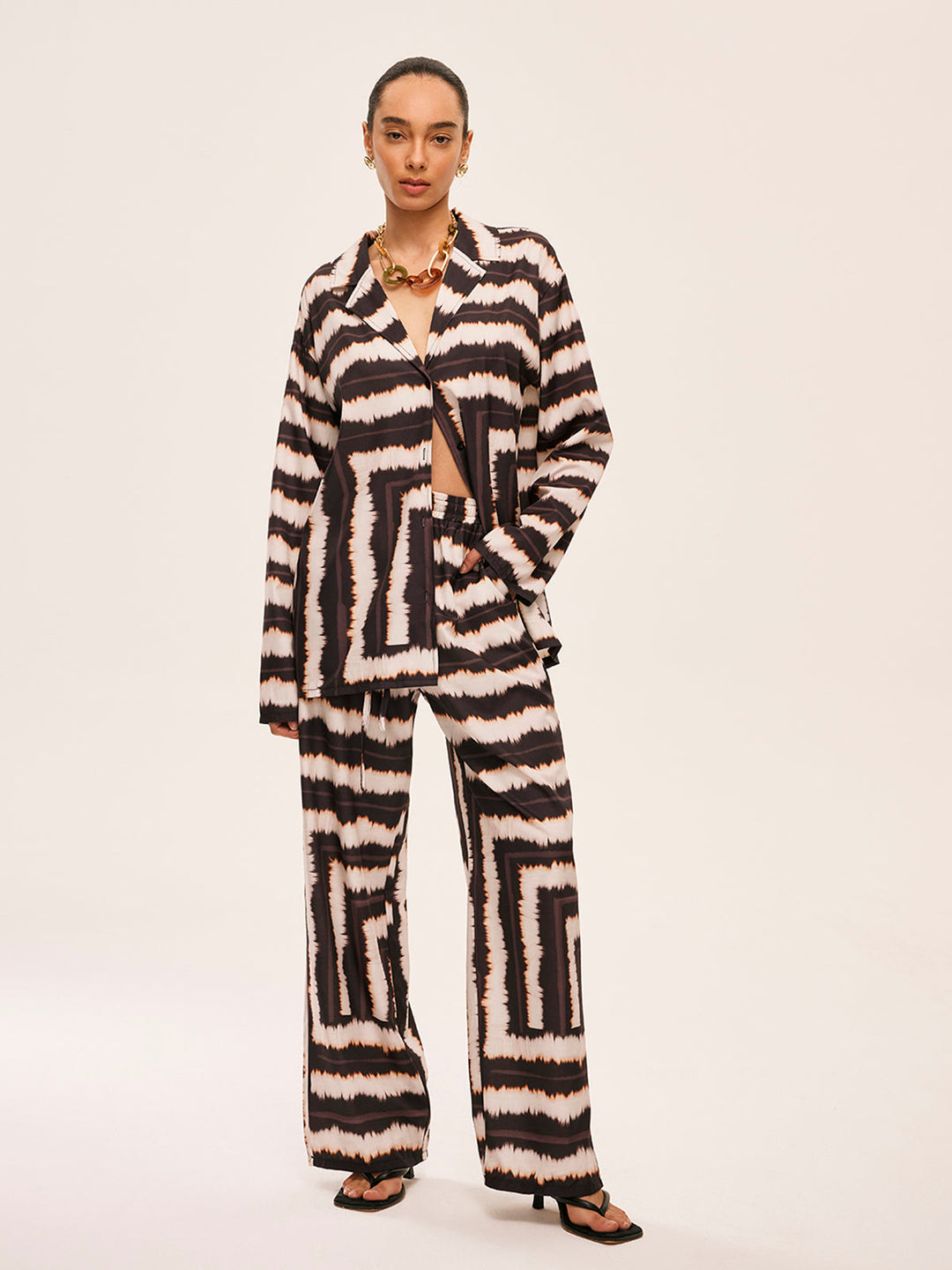 Geometric Color-Block Pants Set With Pockets  Liora Lane Boutique Pant Sets Dark Brown / XL 98.99