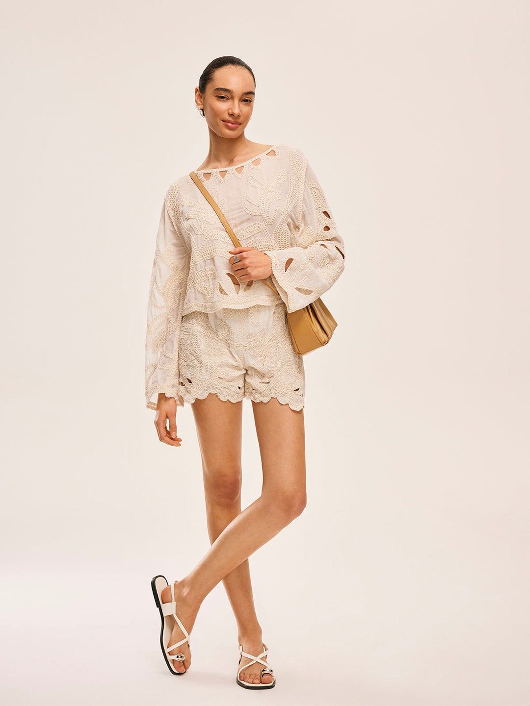 Embroidered Cut-Out Shorts Set  Liora Lane Boutique Short Sets Off-White / M 65.00