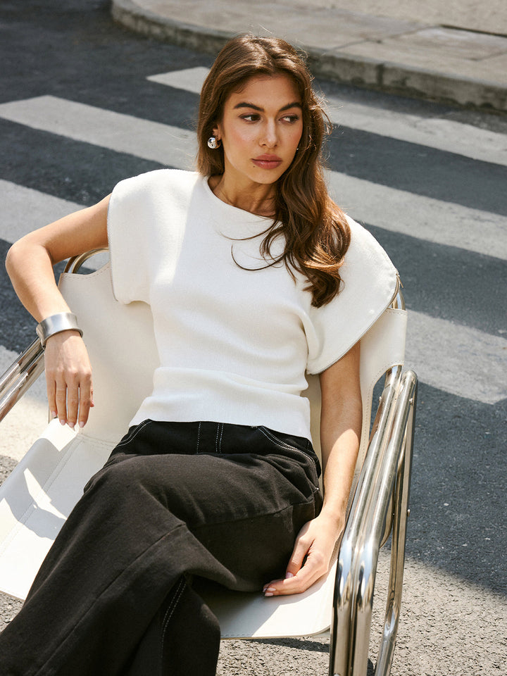 Short-Sleeve Ribbed Knit Top  Liora Lane Boutique Sweaters White / XL 36.00