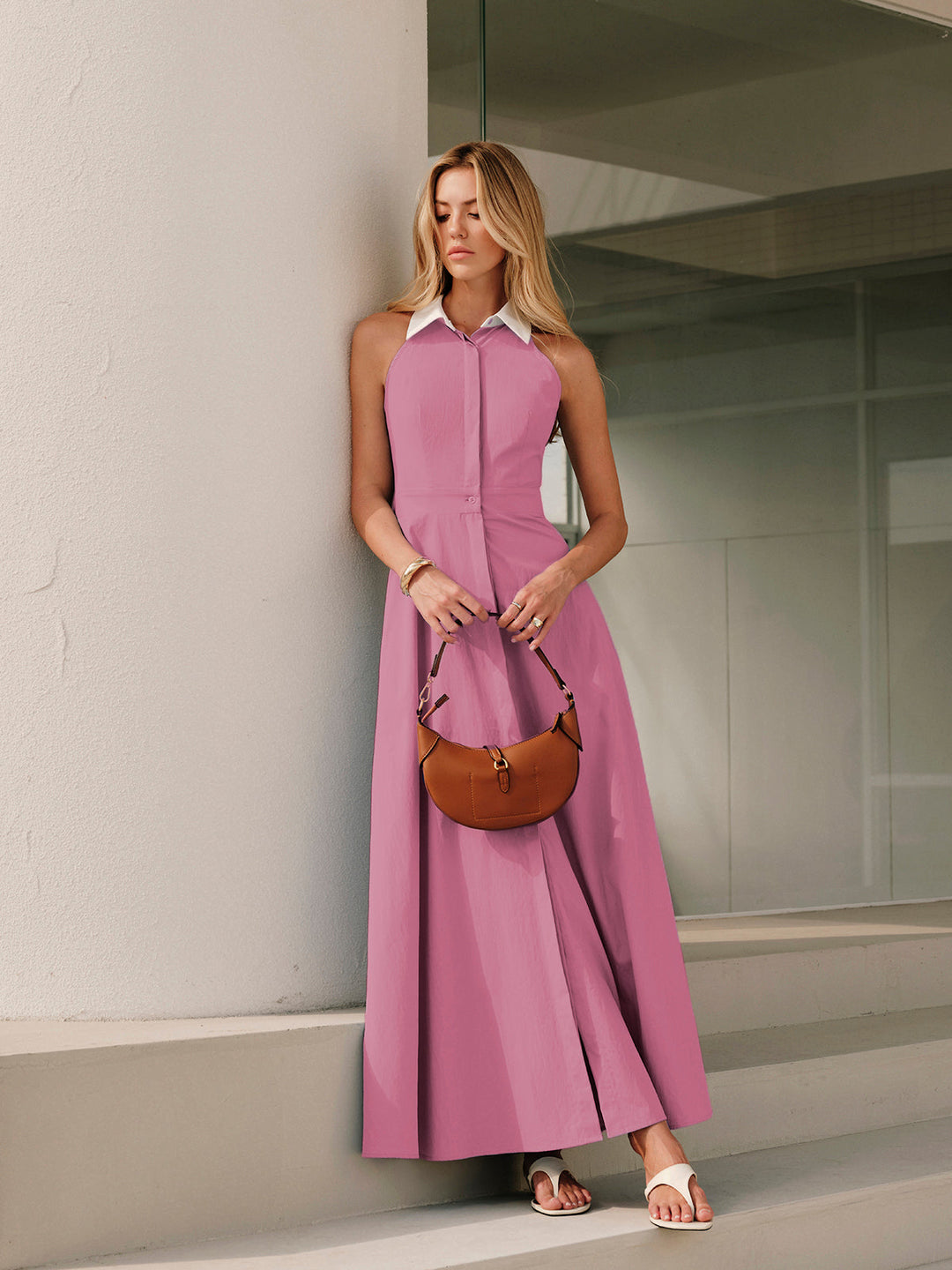 Button Sleeveless Collar Dress  Liora Lane Boutique Dresses Pink / XL 94.99