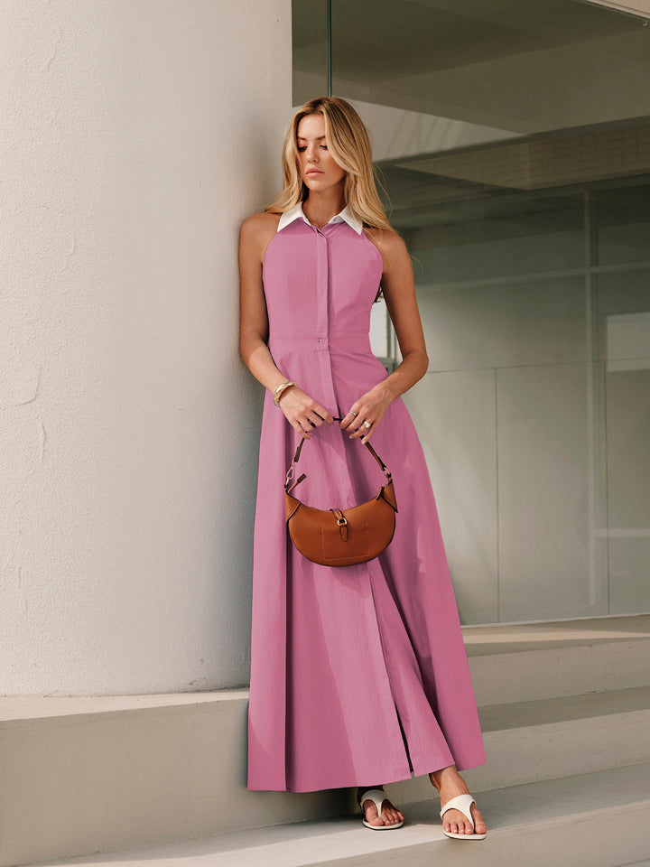 Button Sleeveless Collar Dress  Liora Lane Boutique Dresses Pink / XL 94.99