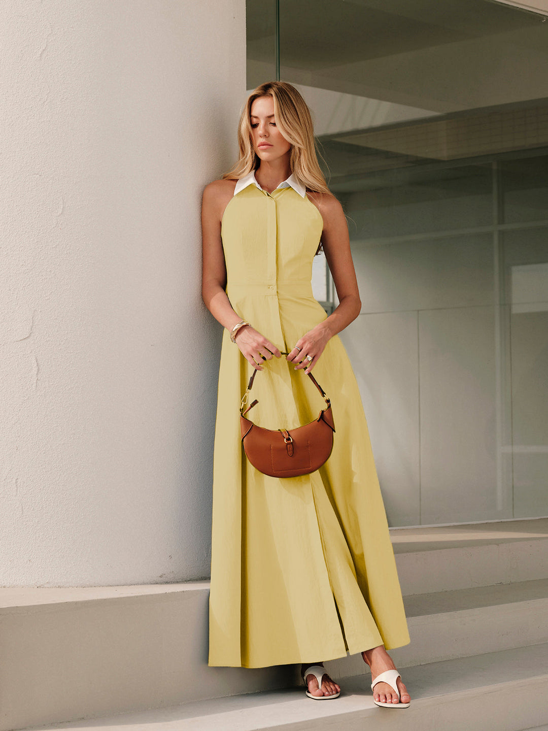 Button Sleeveless Collar Dress  Liora Lane Boutique Dresses Yellow / XL 94.99