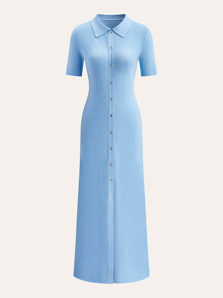 Metal Button Collar Midi Dress  Liora Lane Boutique Knit Dresses LightBlue / XL 58.00
