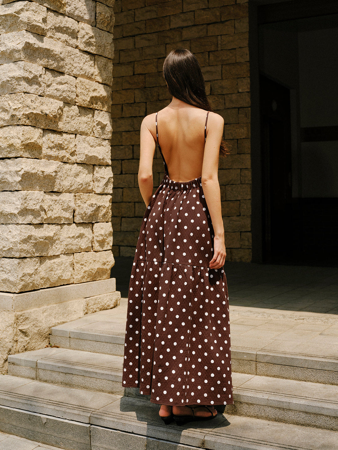 Cotton Backless Polka Dot Dress  Liora Lane Boutique Floral Dresses Dark Brown / XL 55.00