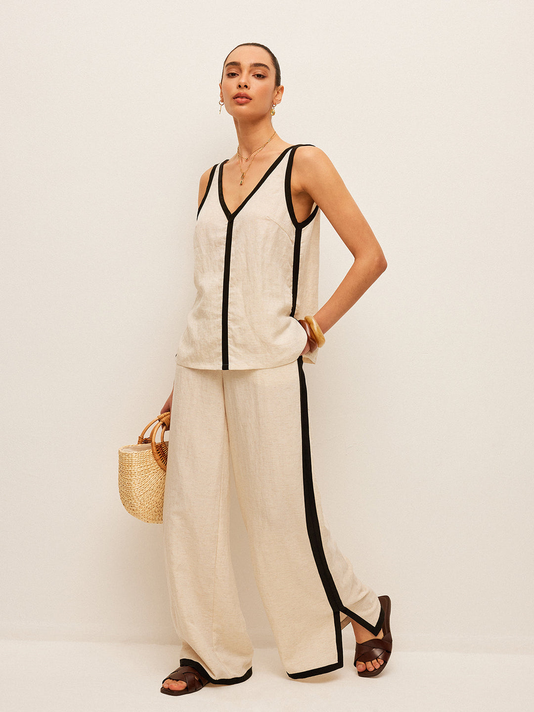 Cotton & Linen Contrast Trim V-Neck Pants Set  Liora Lane Boutique Pant Sets Apricot / XL 156.99