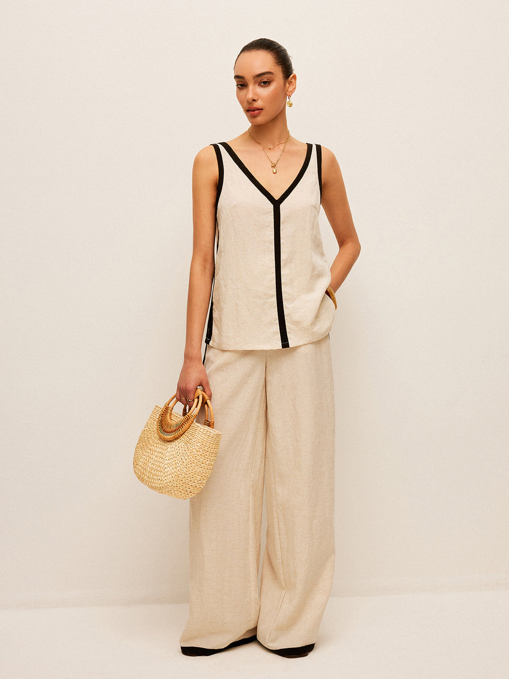 Cotton & Linen Contrast Trim V-Neck Pants Set  Liora Lane Boutique Pant Sets