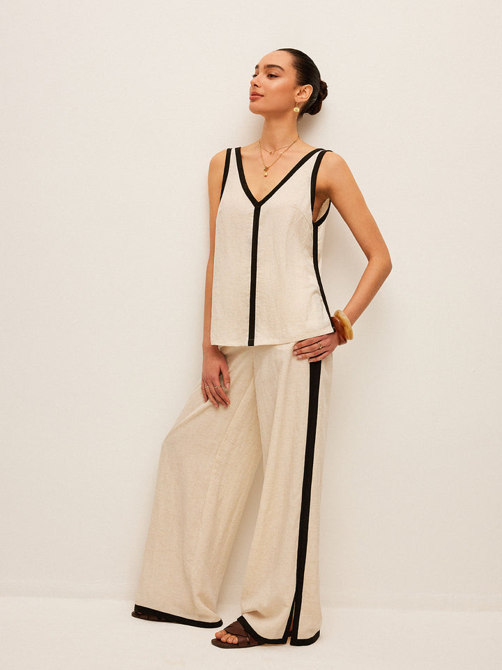 Cotton & Linen Contrast Trim V-Neck Pants Set  Liora Lane Boutique Pant Sets