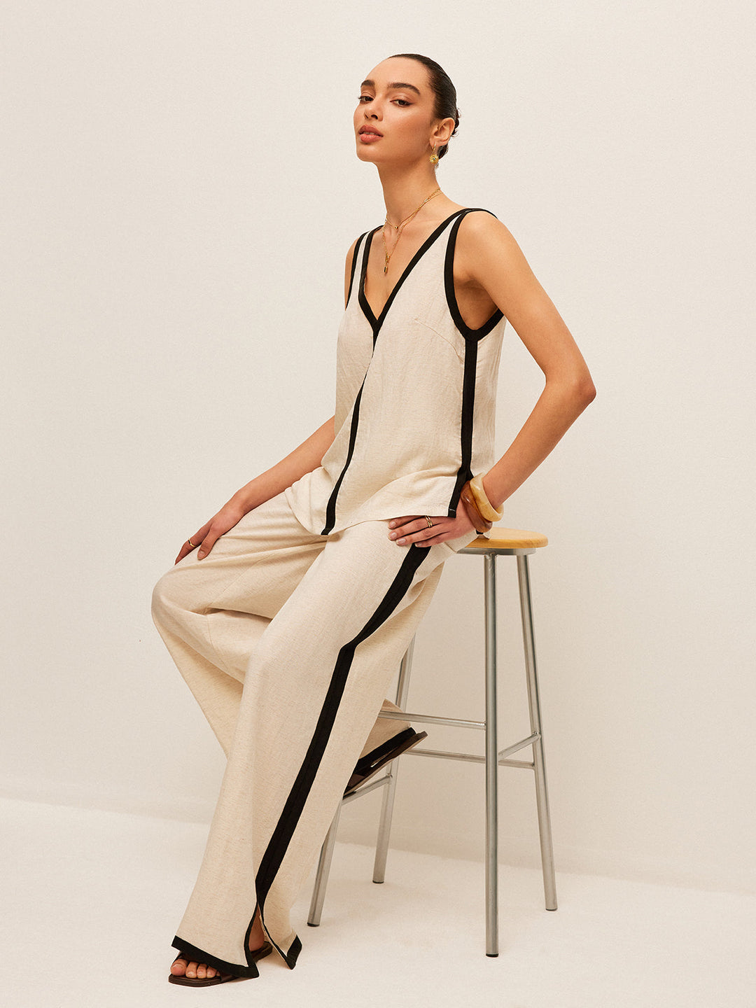 Cotton & Linen Contrast Trim V-Neck Pants Set  Liora Lane Boutique Pant Sets