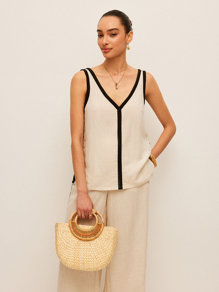 Cotton & Linen Contrast Trim V-Neck Pants Set  Liora Lane Boutique Pant Sets