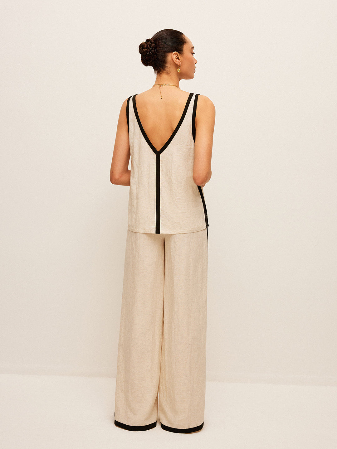 Cotton & Linen Contrast Trim V-Neck Pants Set  Liora Lane Boutique Pant Sets