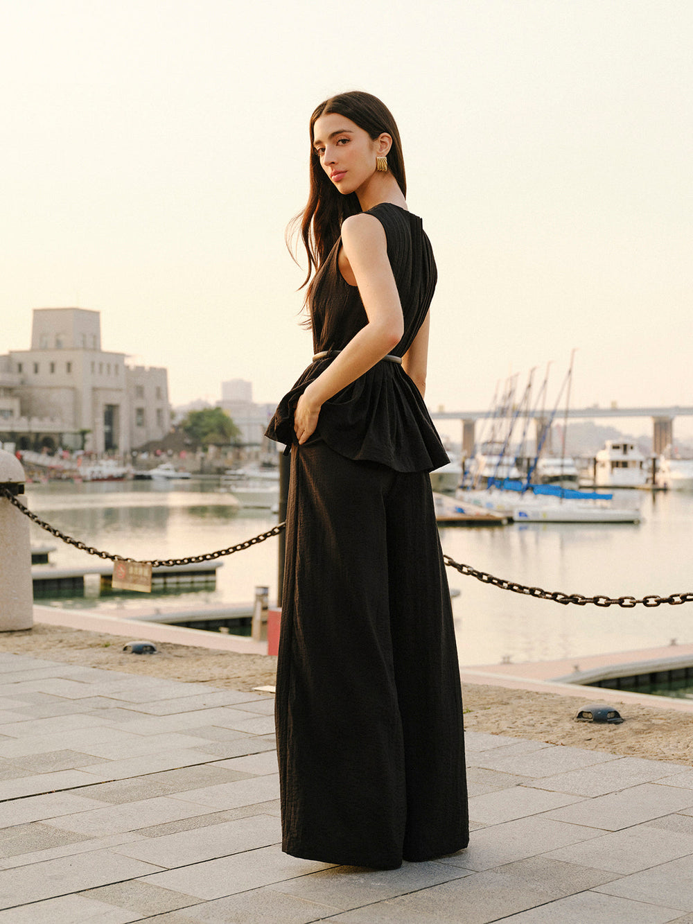 Peplum Top Wide-Leg Pants Set With Belt  Liora Lane Boutique Pant Sets