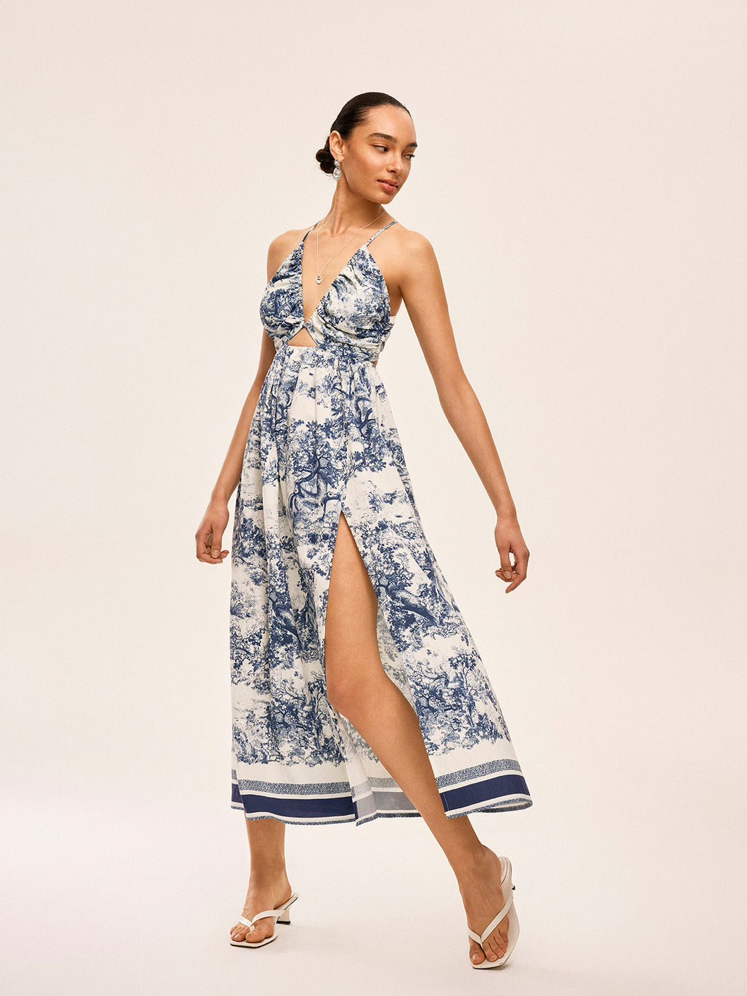 Printed Contrast Trim Knotted Spilt Dress  Liora Lane Boutique Dresses Blue / XL 84.99
