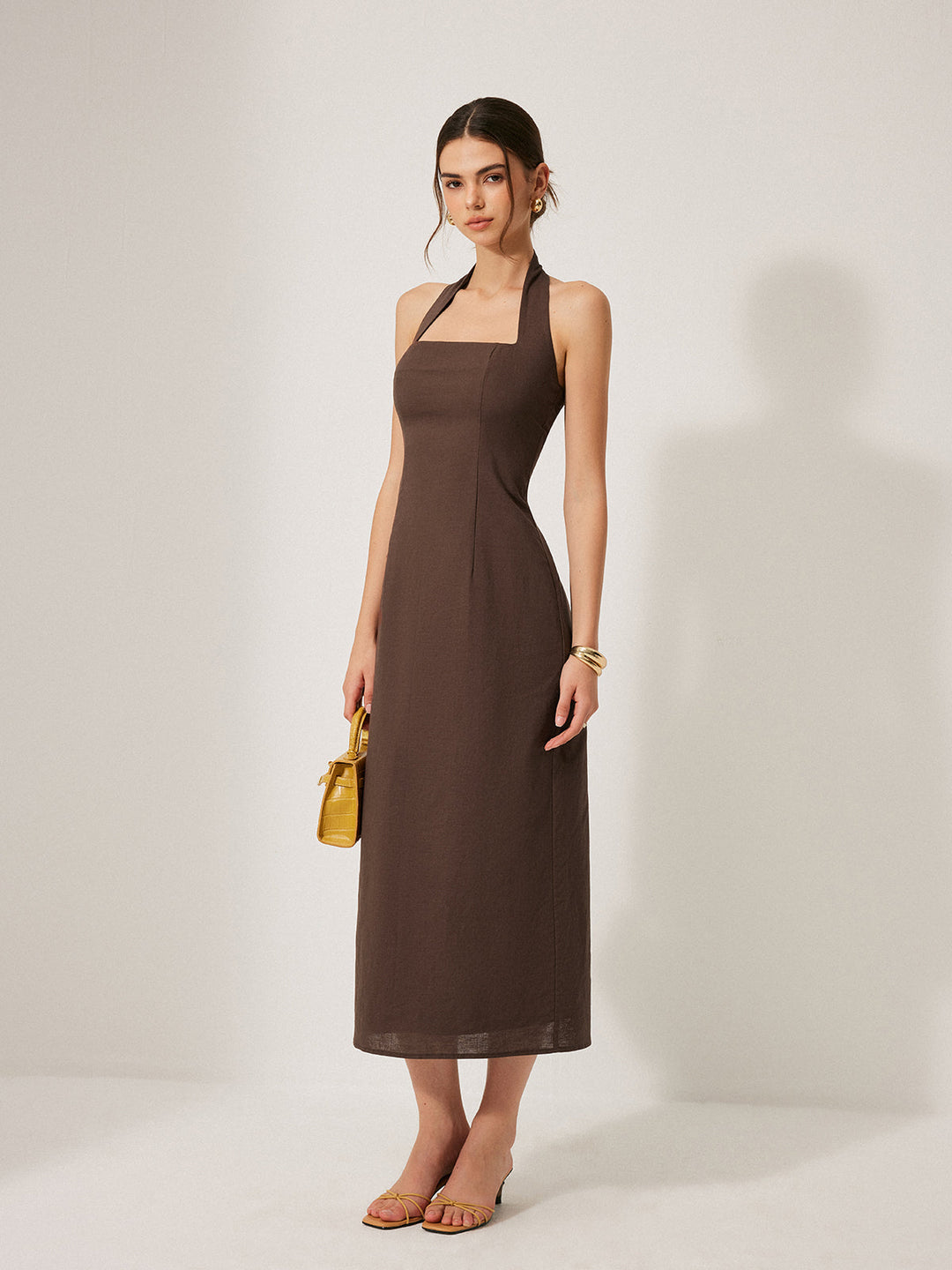 Cotton & Linen Halter Backless Split Dress  Liora Lane Boutique Dresses Dark Brown / XL 94.99