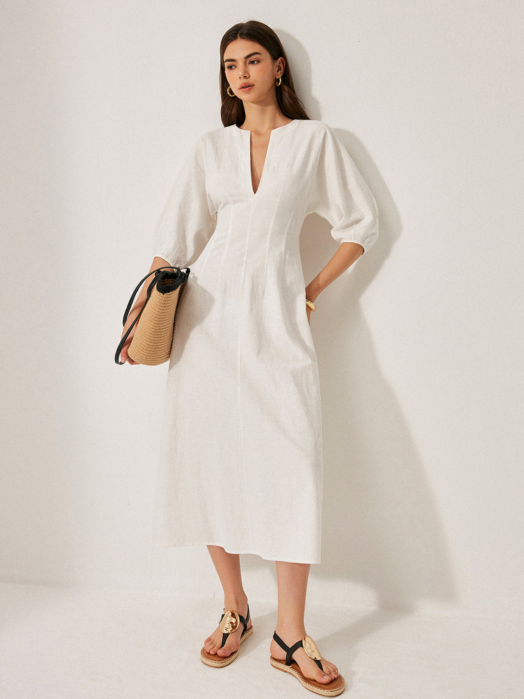 Cotton & Linen Puff Sleeve Dress Without Belt  Liora Lane Boutique Dresses White / XL 49.00