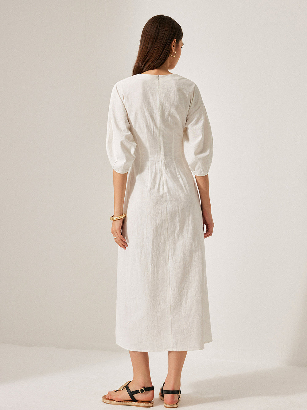 Cotton & Linen Puff Sleeve Dress Without Belt  Liora Lane Boutique Dresses