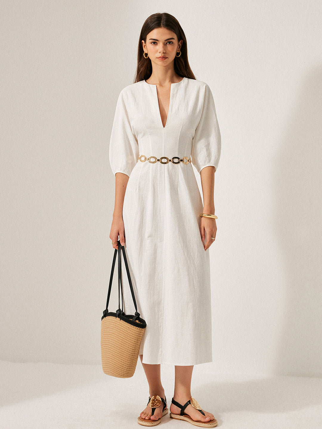 Cotton & Linen Puff Sleeve Dress Without Belt  Liora Lane Boutique Dresses