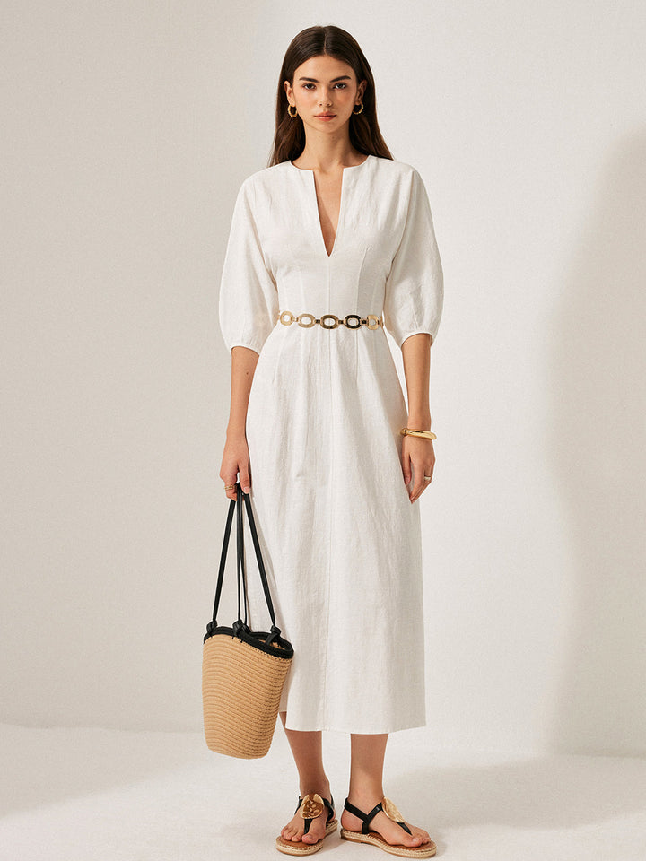 Cotton & Linen Puff Sleeve Dress Without Belt  Liora Lane Boutique Dresses