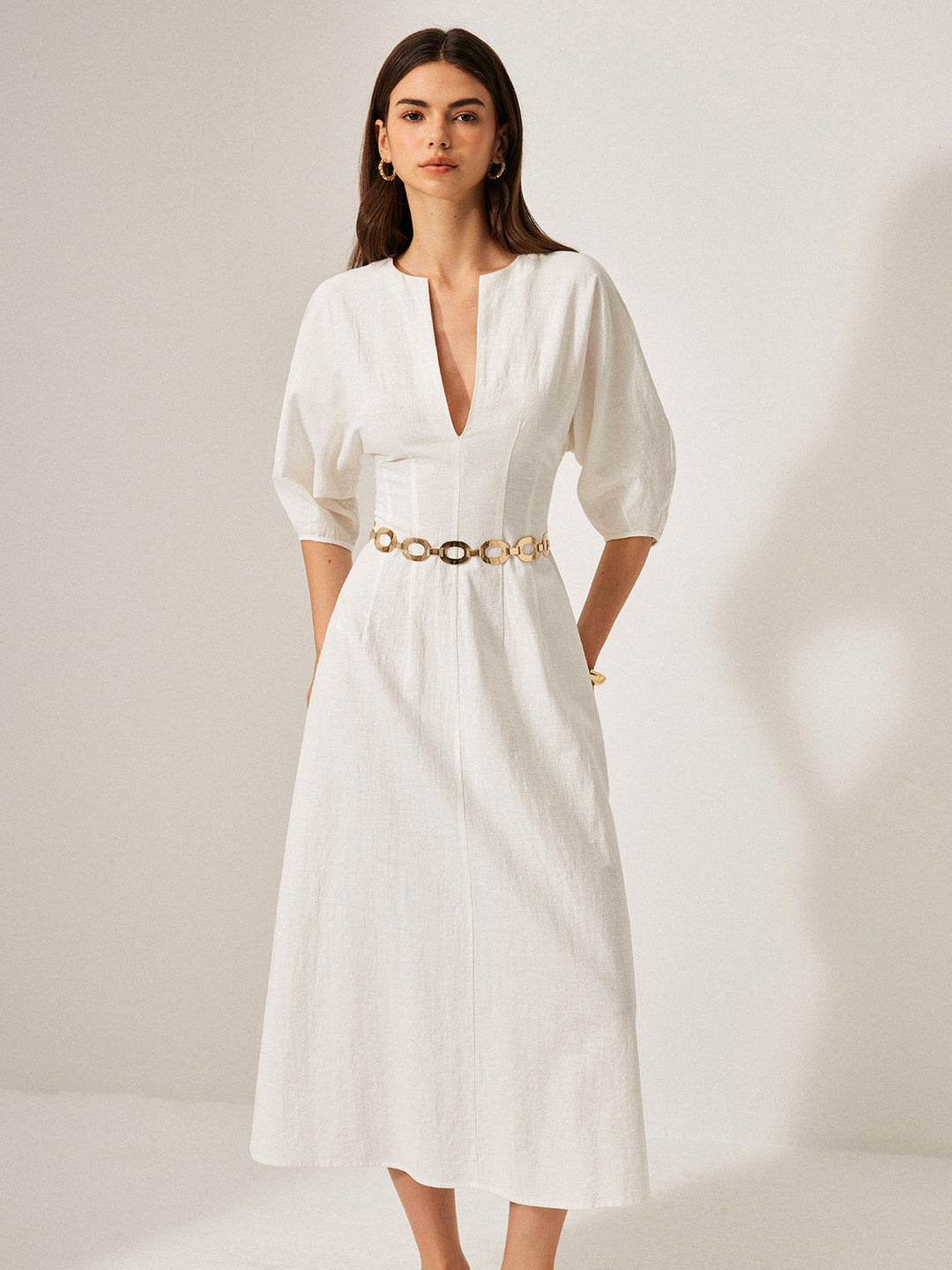 Cotton & Linen Puff Sleeve Dress Without Belt  Liora Lane Boutique Dresses