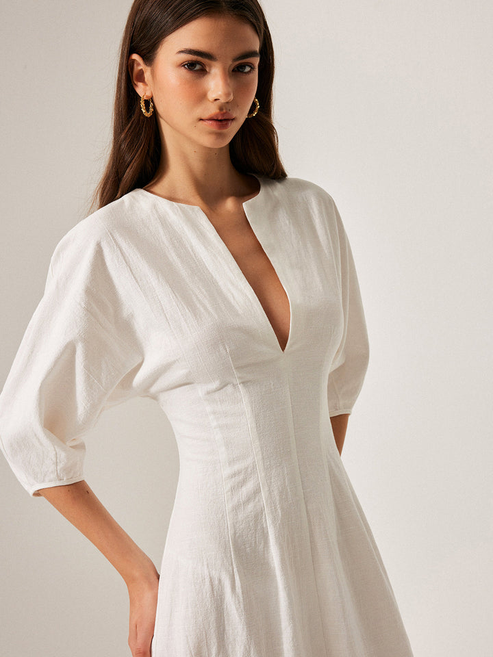 Cotton & Linen Puff Sleeve Dress Without Belt  Liora Lane Boutique Dresses
