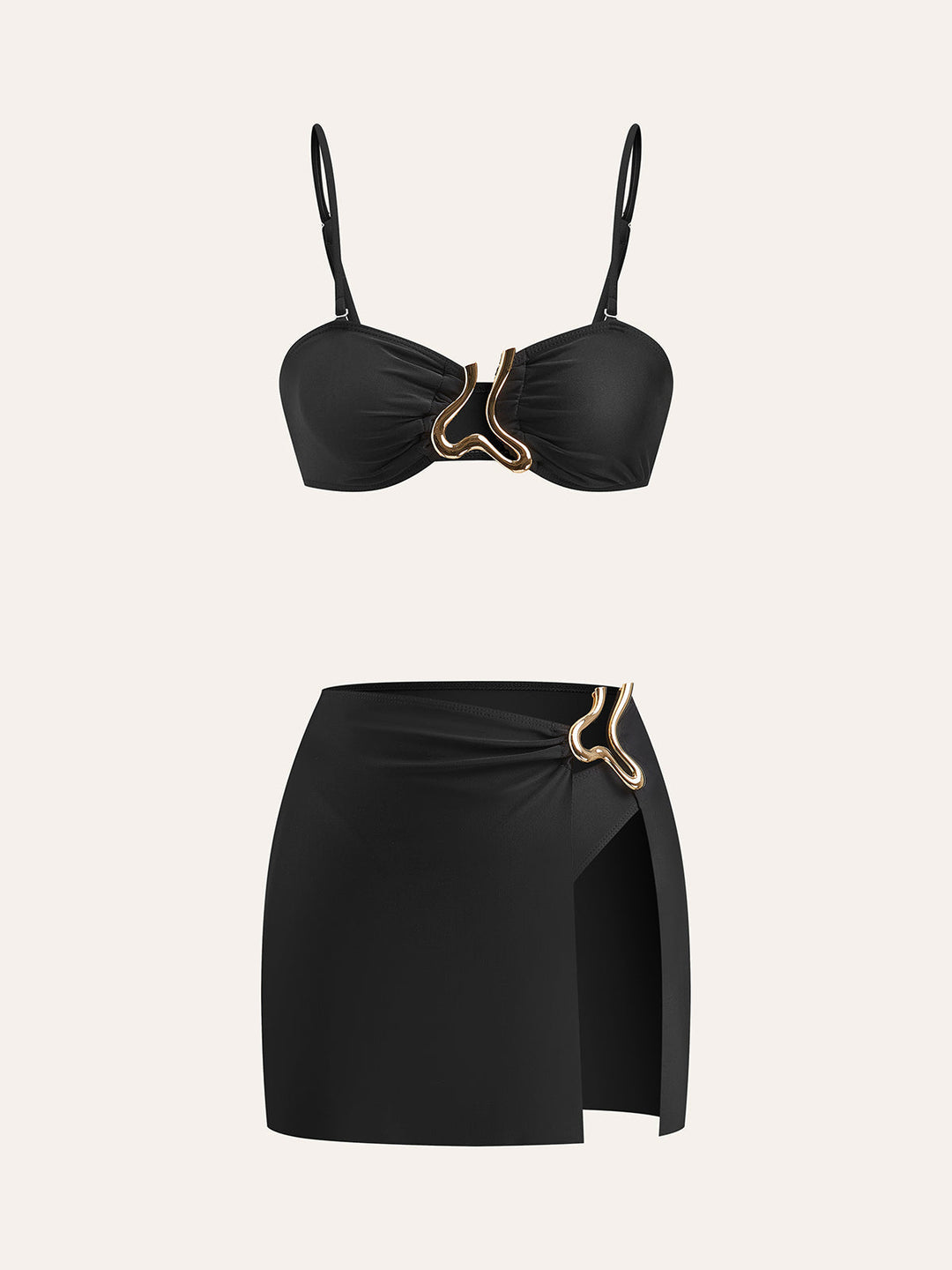Golden Detail Bikini Set With Cover-Up Skirt  Liora Lane Boutique Bikini Sets Black / L 101.99