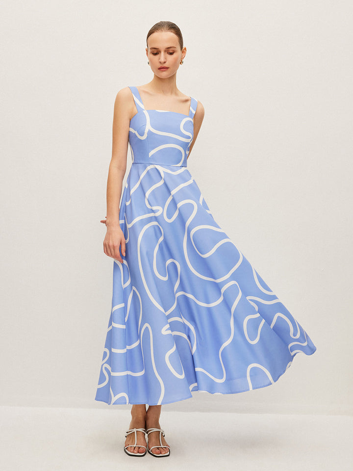 Abstract Line Print Square Strap Dress  Liora Lane Boutique Dresses Blue / XL 84.99