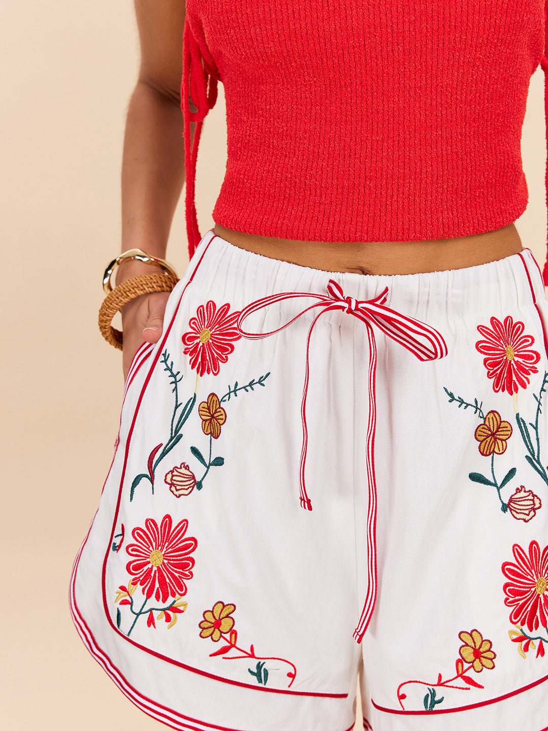 Cotton & Linen Floral Embroidered Shorts With Drawstring Waist  Liora Lane Boutique Shorts