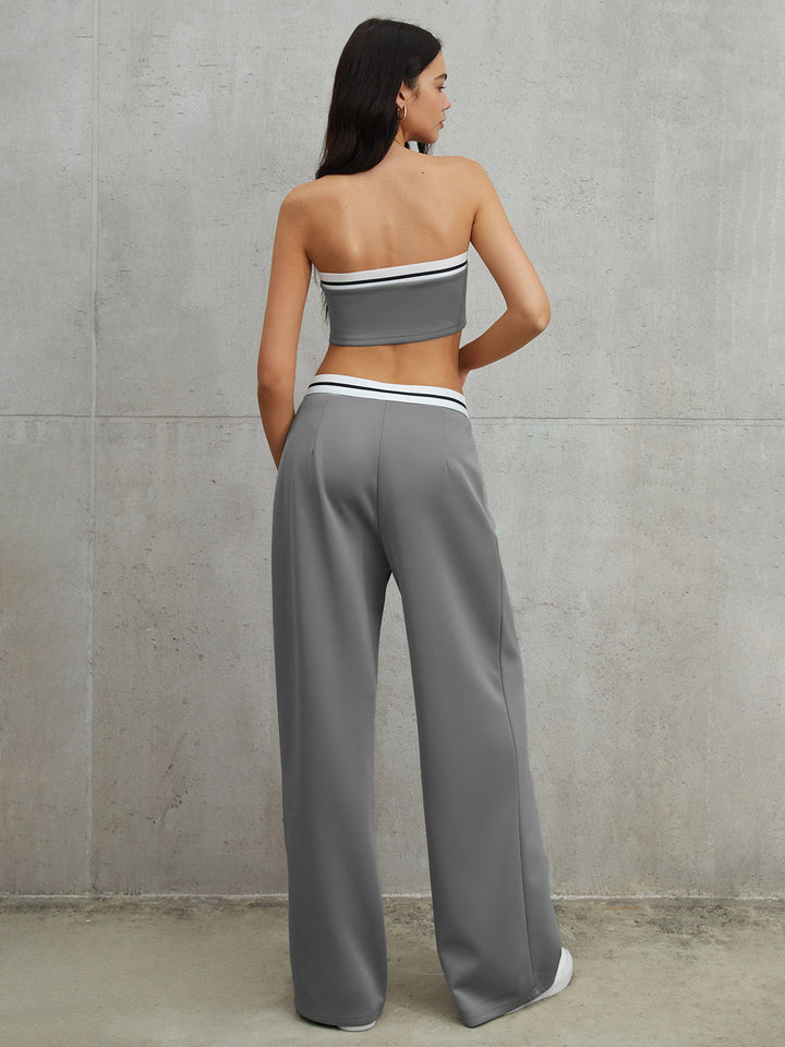 Tube Top Two Piece Contrast Waistband Pants Set  Liora Lane Boutique Pant Sets