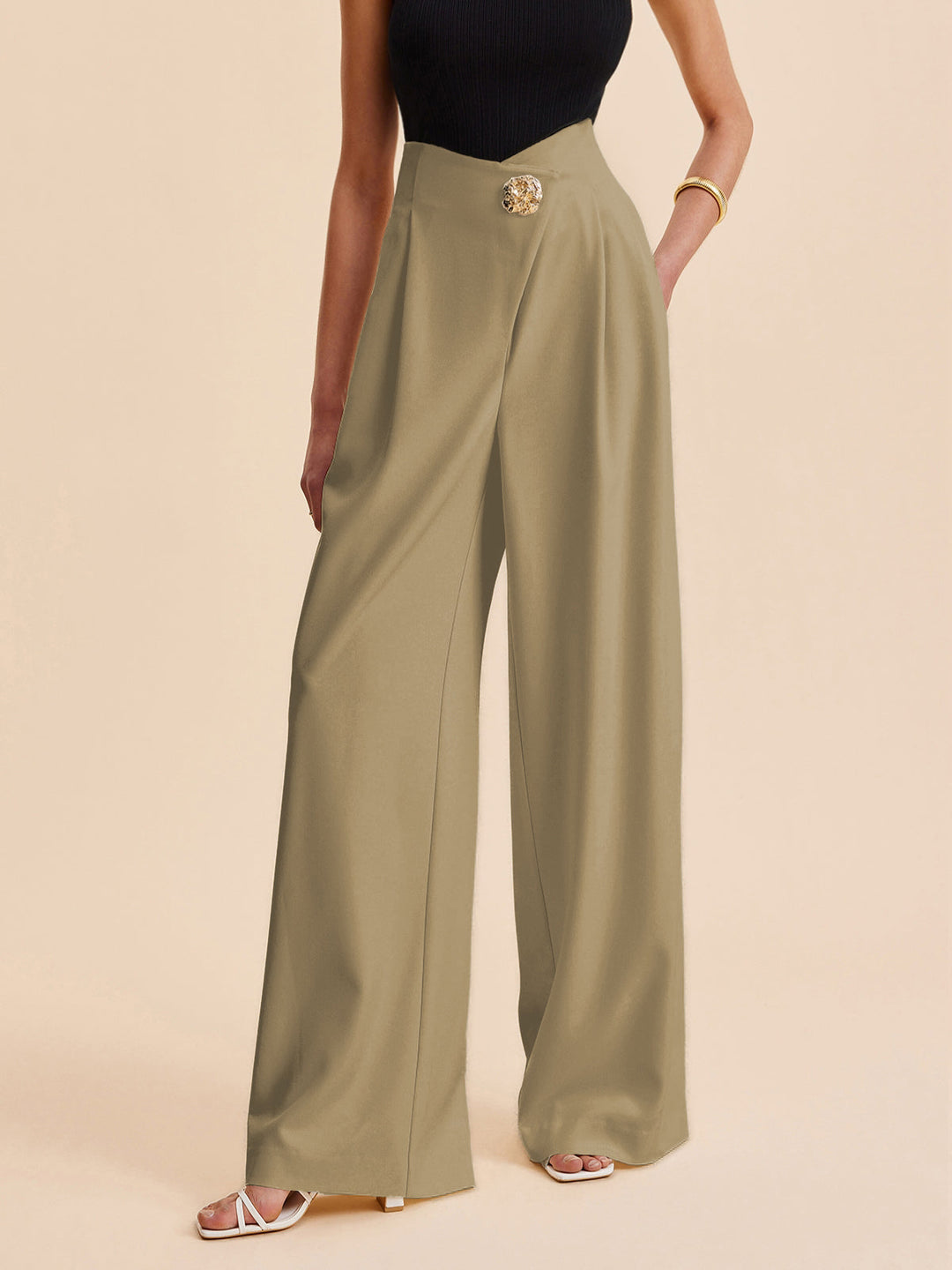 Embellished High-Waist Wide-Leg Pants  Liora Lane Boutique Pants Khaki / XL 54.00