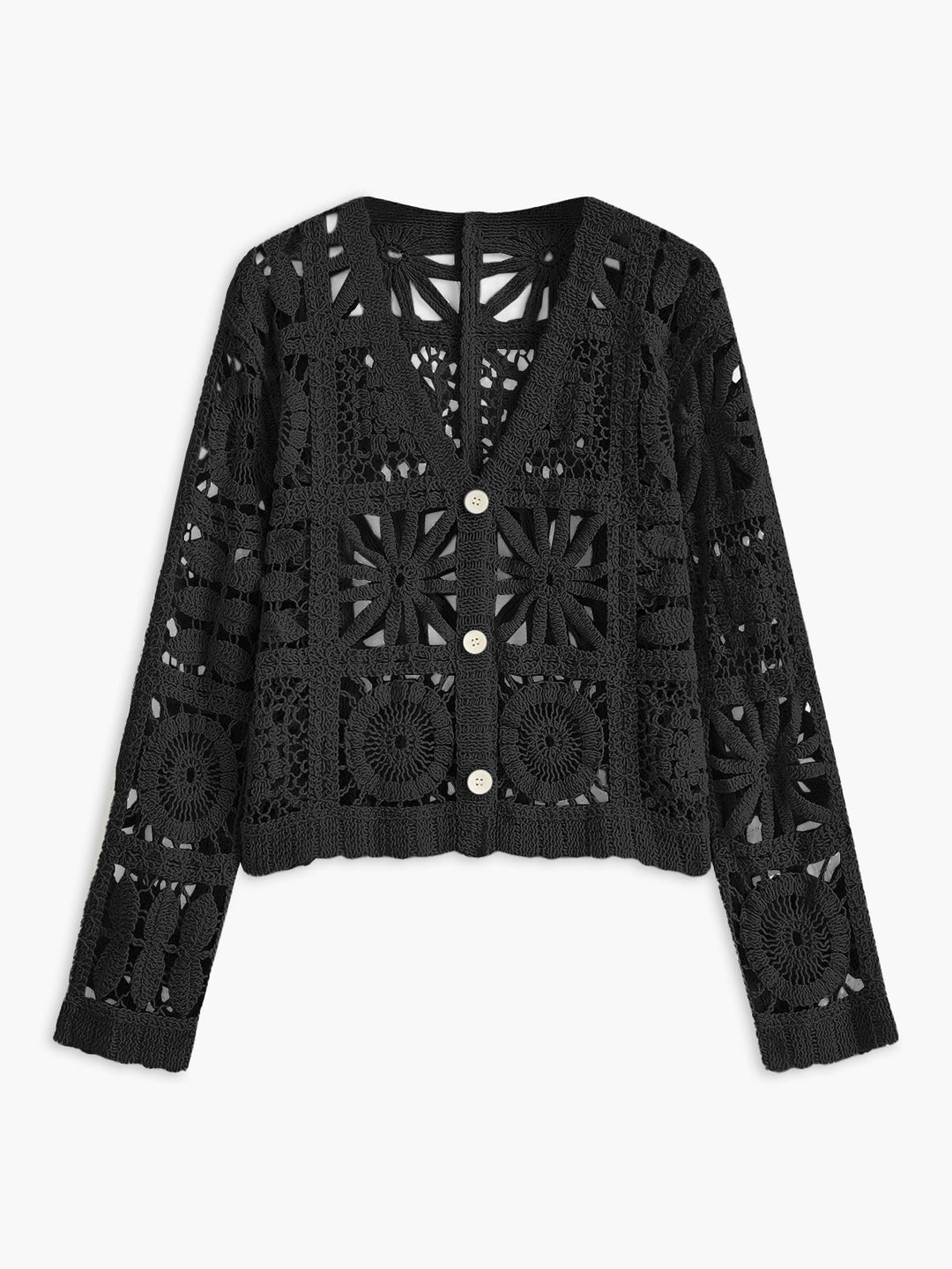 Crochet Square Pattern Button-Front Cardigan  Liora Lane Boutique Cardigans Black / L 84.99