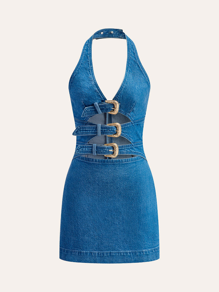 Halter Neck Buckle Detail Denim Dress  Liora Lane Boutique Dresses Navy / XL 84.99
