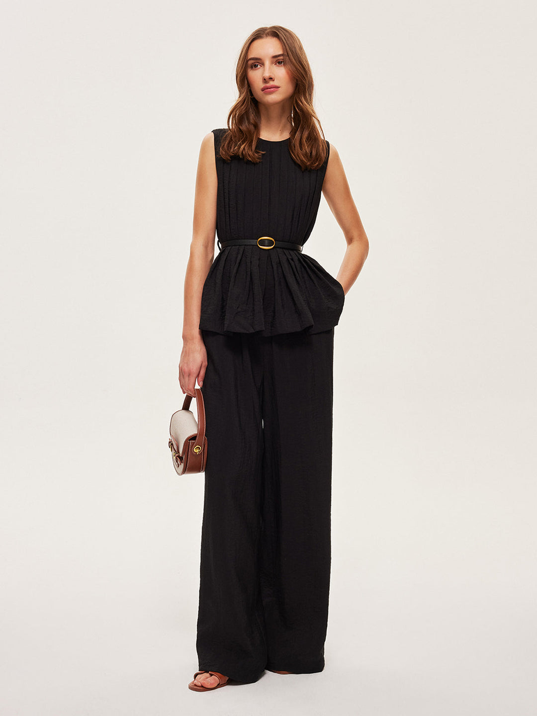 Peplum Top Wide-Leg Pants Set With Belt  Liora Lane Boutique Pant Sets
