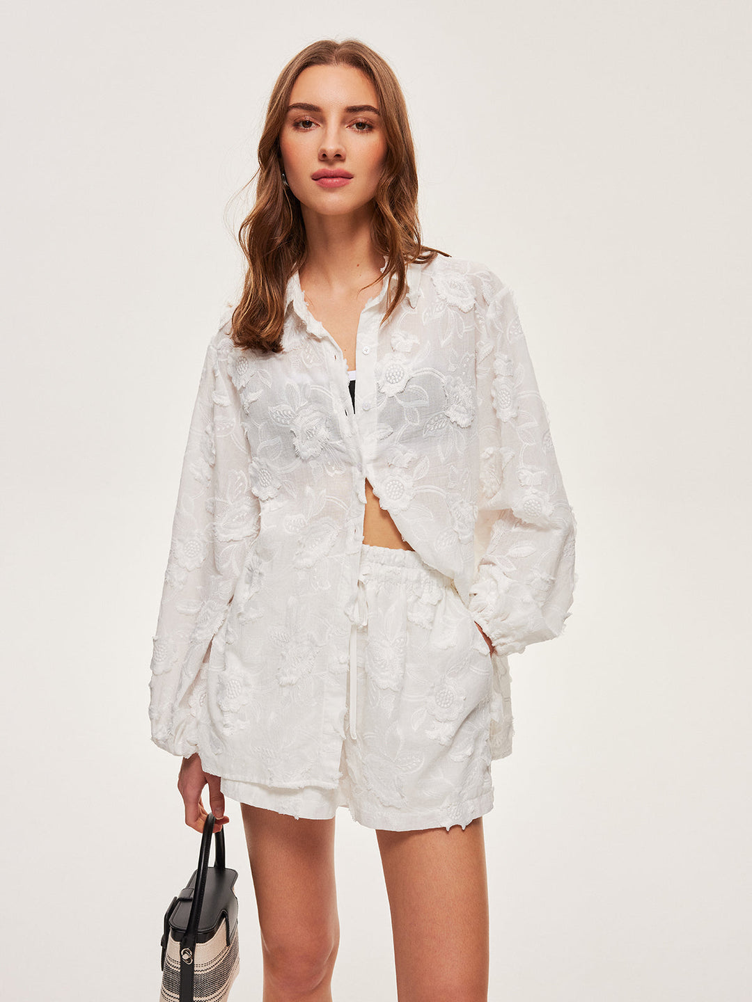 Semi-Sheer Cotton Embroidered Shirt With Shorts Set  Liora Lane Boutique Short Sets White / XL 65.00