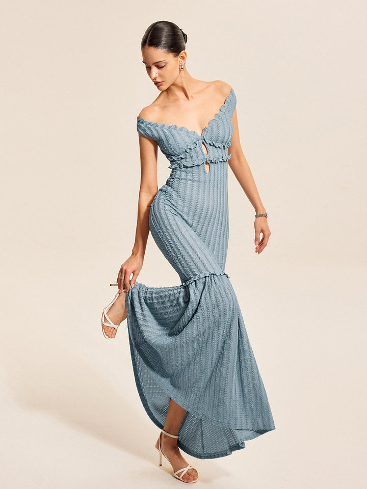Off-Shoulder Ruffle Detail Dress  Liora Lane Boutique Dresses Blue / XL 49.00