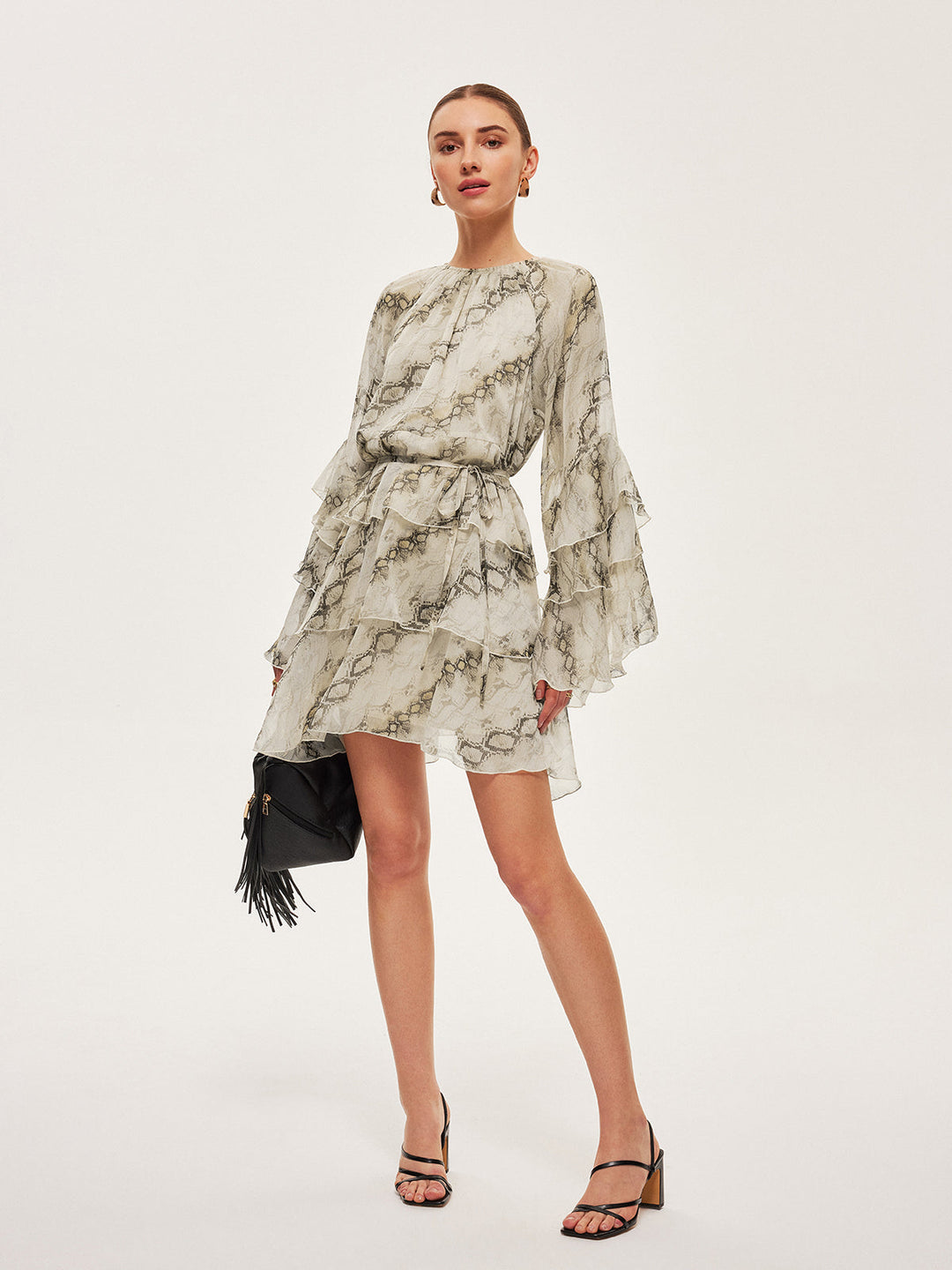 Sheer Print Ruffle Tie-Waist Dress  Liora Lane Boutique Dresses Green / XL 78.00