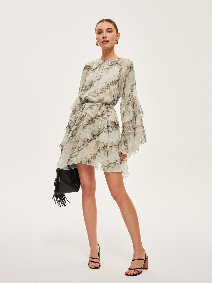 Sheer Print Ruffle Tie-Waist Dress  Liora Lane Boutique Dresses Green / XL 78.00