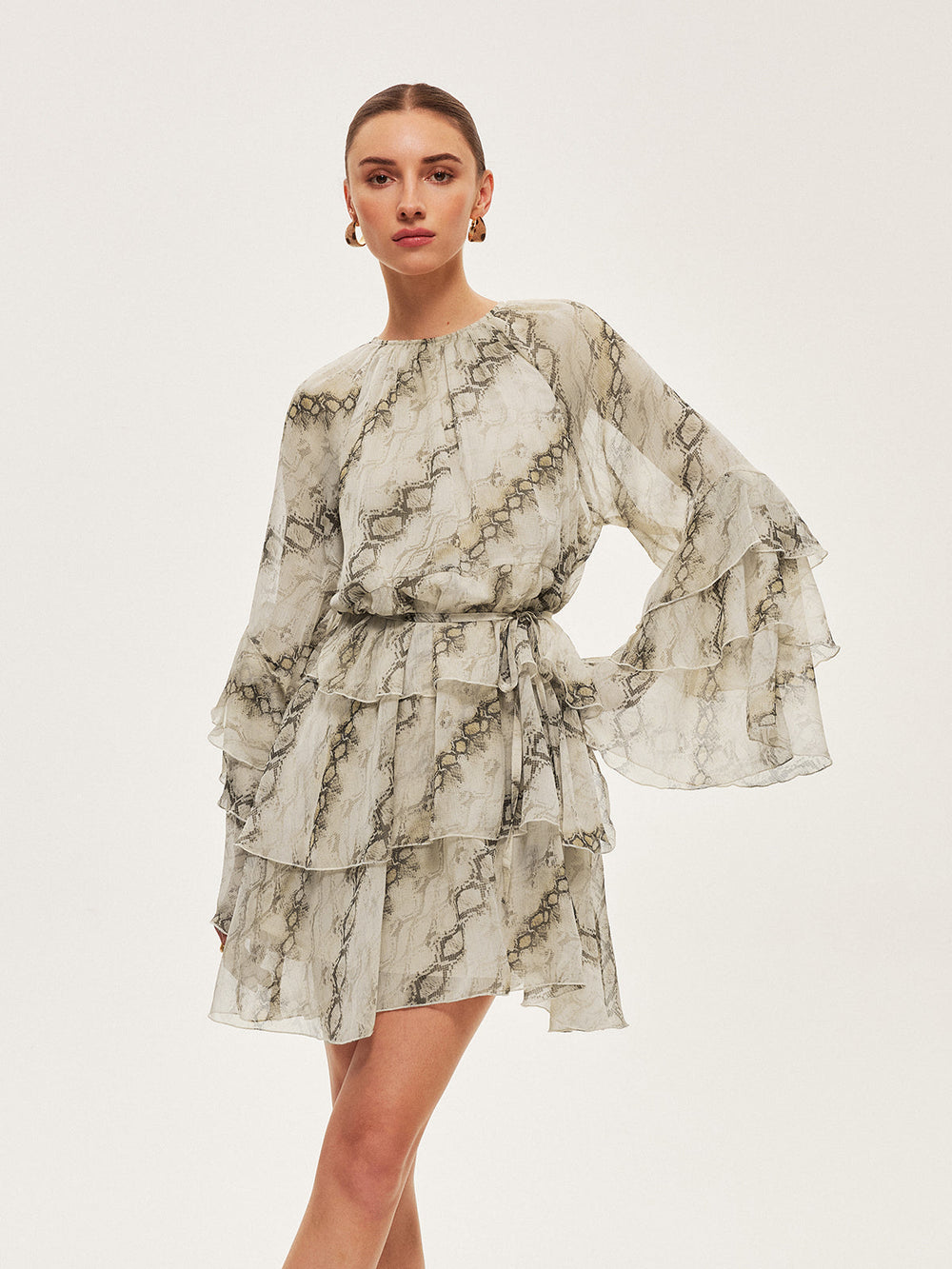 Sheer Print Ruffle Tie-Waist Dress  Liora Lane Boutique Dresses