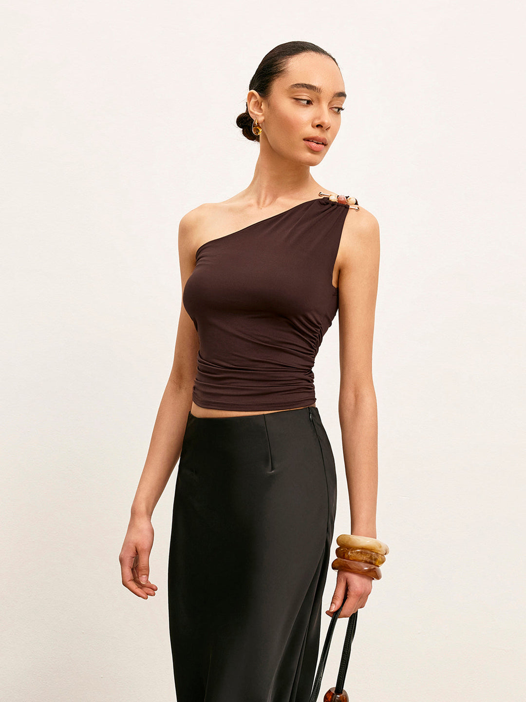 One-Shoulder Metal Detail Ruched Top  Liora Lane Boutique T-Shirts Dark Brown / L 19.00