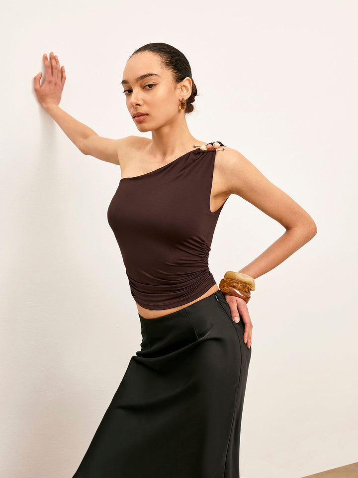 One-Shoulder Metal Detail Ruched Top  Liora Lane Boutique T-Shirts