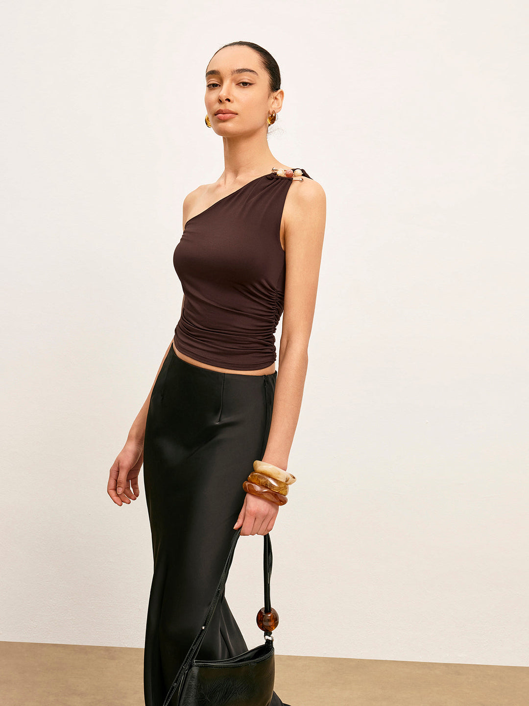 One-Shoulder Metal Detail Ruched Top  Liora Lane Boutique T-Shirts
