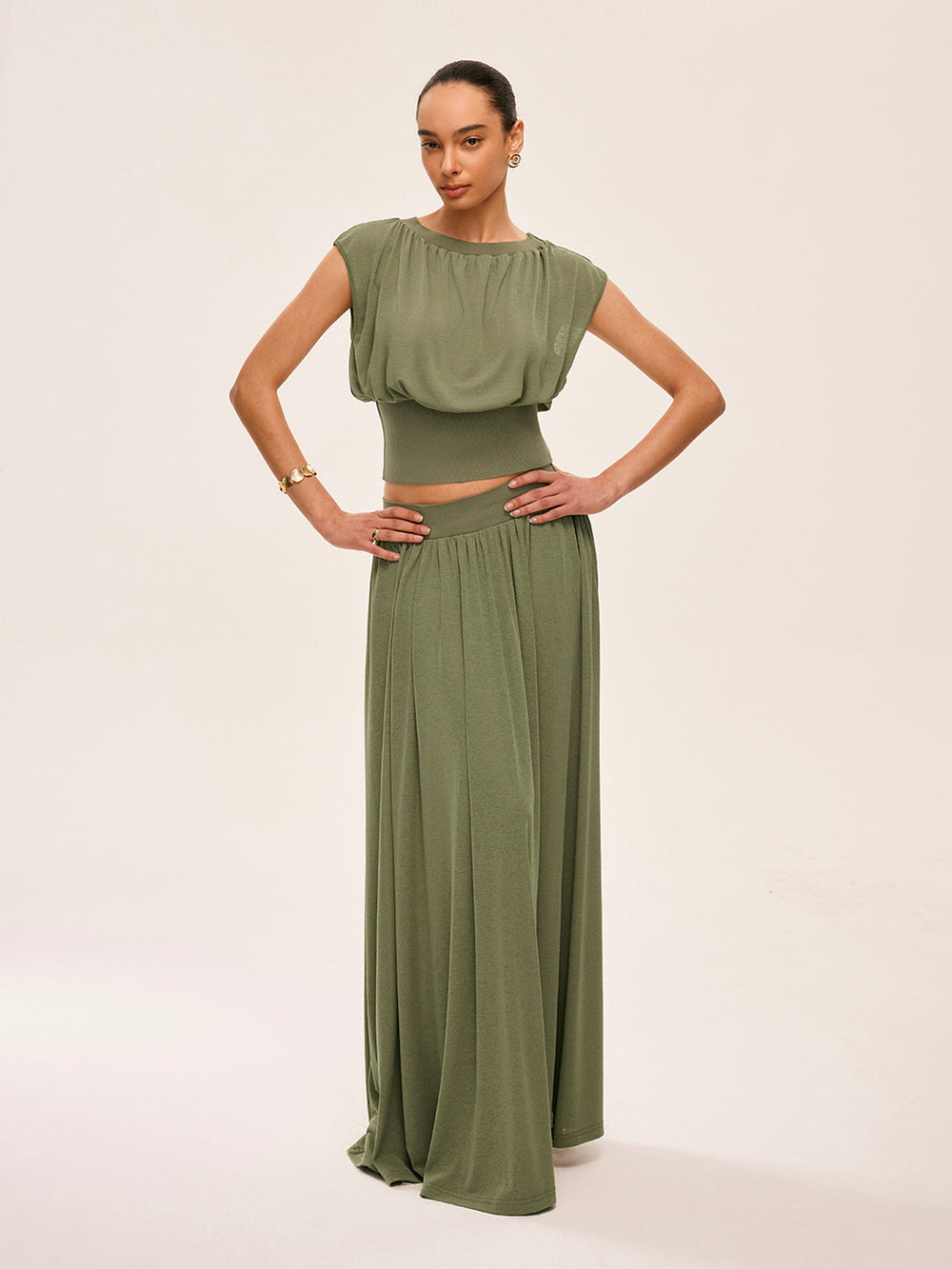 Gathered Waist Top With Flowy Skirt Set  Liora Lane Boutique Skirt Sets