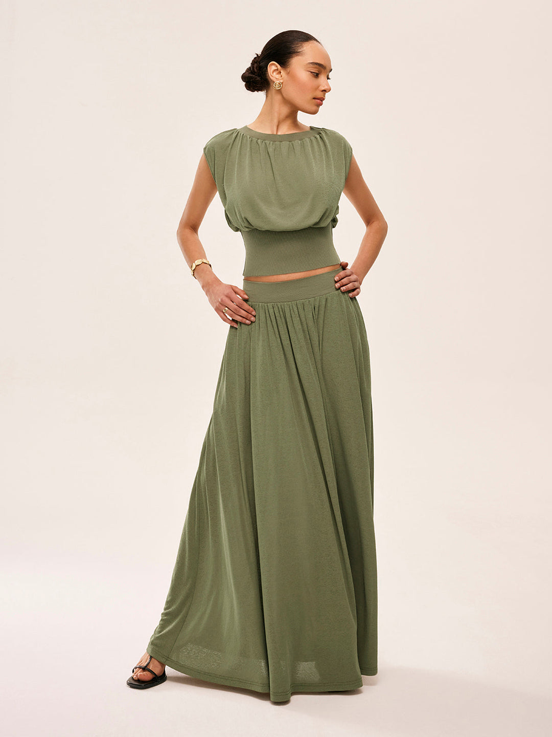 Gathered Waist Top With Flowy Skirt Set  Liora Lane Boutique Skirt Sets Green / XL 58.00